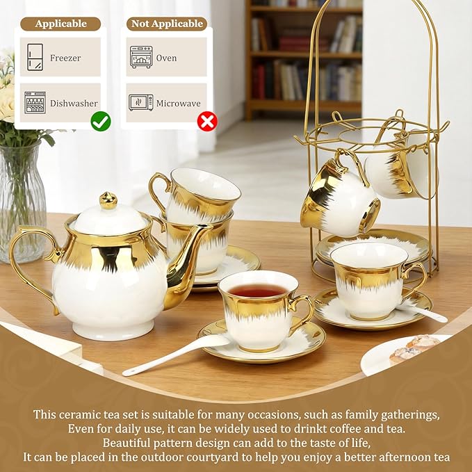 20 Pcs Porcelain Tea Set with Metal Holder and Spoon, European Ceramic Tea Set for Adults, European Flower Painting Teapot Cup Saucer Spoon Set for 6, 1000ML Gift Pack(White)