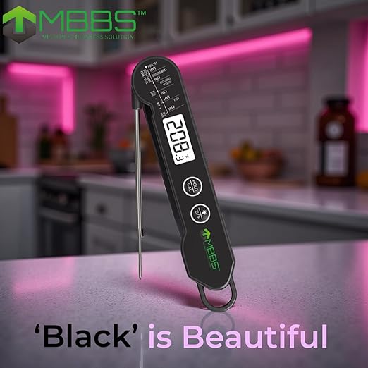 MBBS Meat Thermometer Digital with Foldable Probe | Instant Read, Ultra Fast & Backlit | 100% Waterproof (IP66) | for Kitchen, BBQ, Grill, Smoker | °C/°F Switchable (Black)