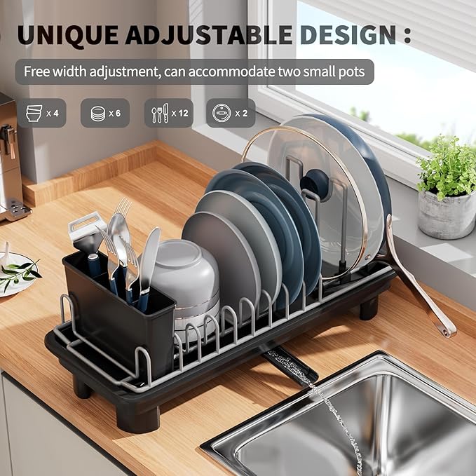 SanDream Small Dish Drying Rack with Removable Utensil Holder & Anti-Scratch Base - Stainless Steel Dish Rack, Dish Drying Rack with Drainage & Space Saving Design for Kitchen Counter, Black
