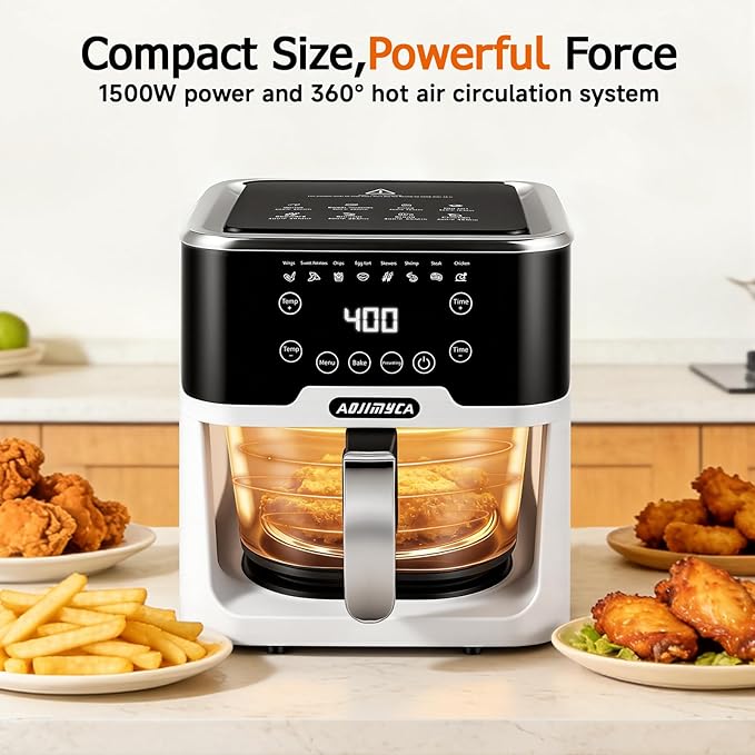 Glass Air Fryer, Portable Air Fryer with 6.0QT Glass Container, Adjustable Temp & Time, Overheat & Power-Off Protection, 8-in-1 Non Toxic AirFryer for Quick Easy Meals