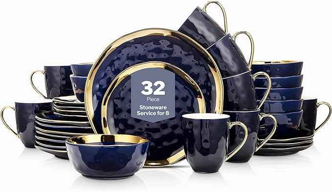 Stone Lain Florian Modern Porcelain Dish Set, 32-Piece Dishes for 8, Gold and Blue