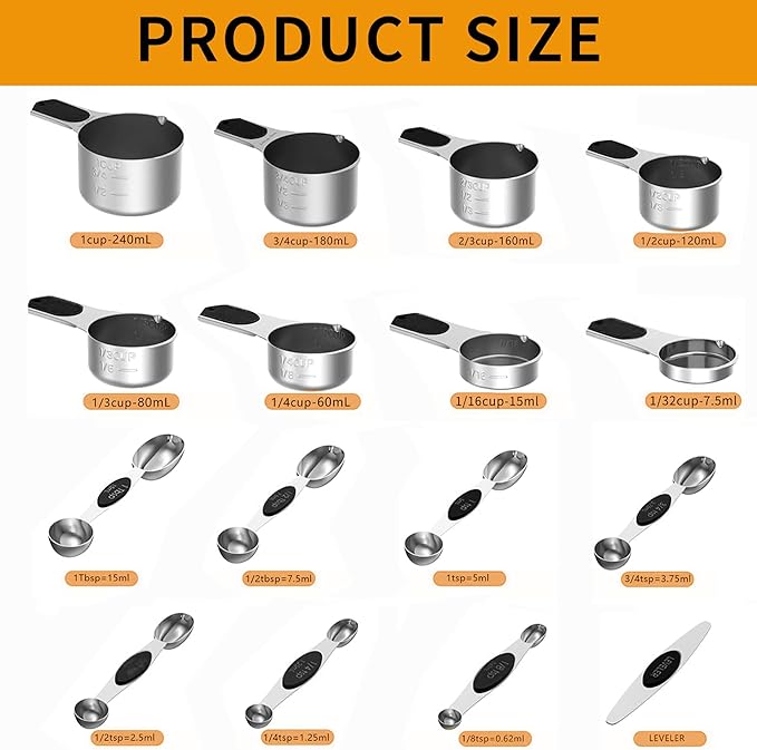 Magnetic Measuring cups and spoons Set, 304 Stainless Steel 5 Magnetic Measuring Cup and 8 Double Sided Measuring Spoons with 1 Leveler，Kitchen Gadgets for Cooking & Baking