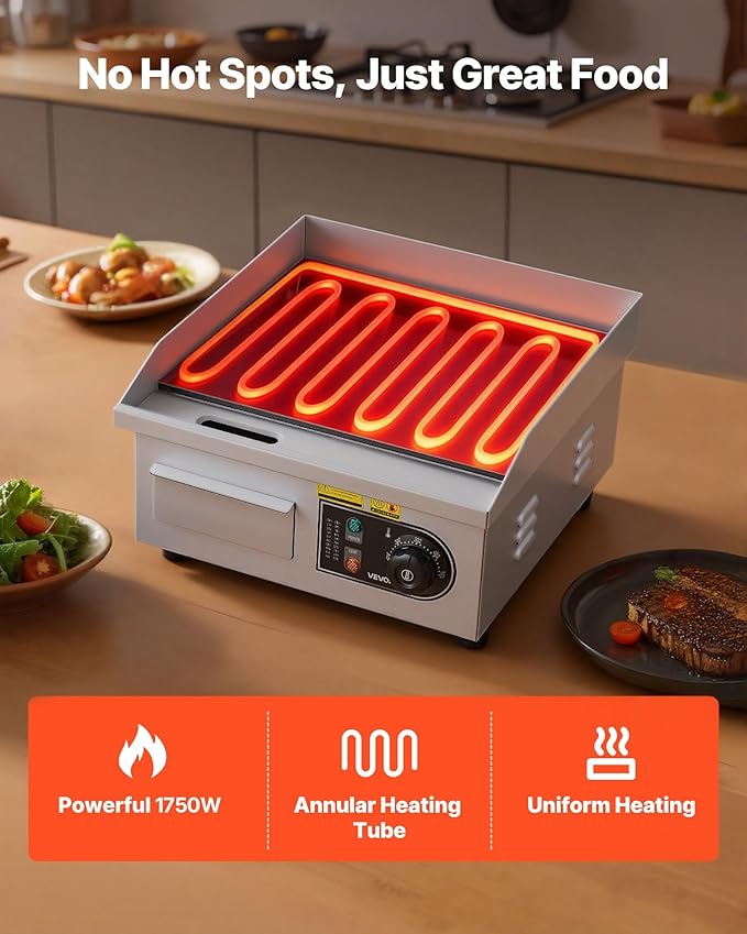 VEVOR Commercial Electric Griddle, 13.98 x 11.81 inch, 1750W, 122-570°F Adjustable Temp Control, Stainless Steel Countertop Flat Top Grill with 2 Spatulas and 2 Brushes, for Steak, Pancake, Squid