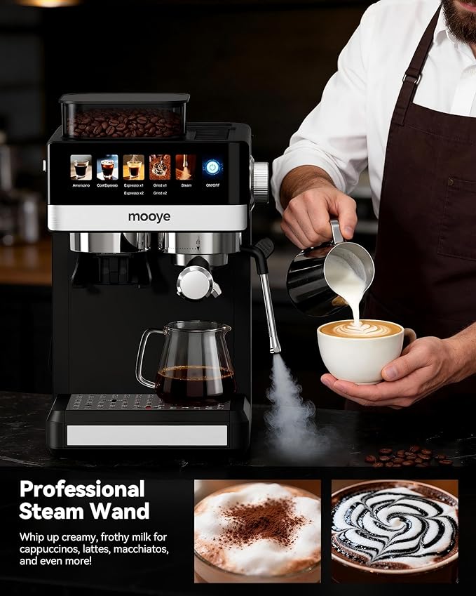 Espresso Machine with Grinder,20Bar Compact Espresso Maker with Steam Milk Frother,Coffee Maker for Home - Cappuccino Latte & Cold Brew Iced Coffee Maker & Americano, Gift for Women or Men