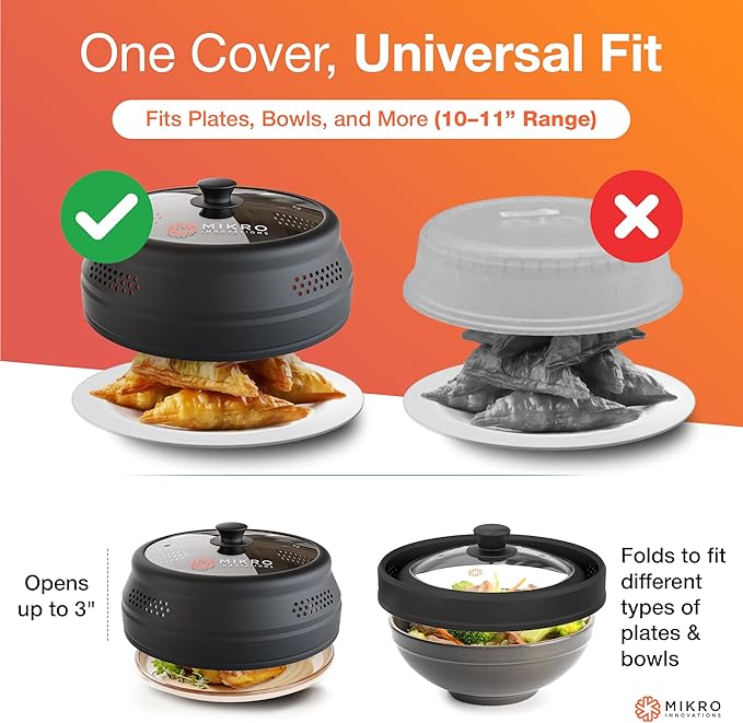 Mikro Innovations Glass & Silicone Microwave Splatter Cover – Tall and Collapsible Design that fits 6-10.5in Plates and Bowls - Space Saving, BPA Free & Dishwasher Safe (1, Black, large)