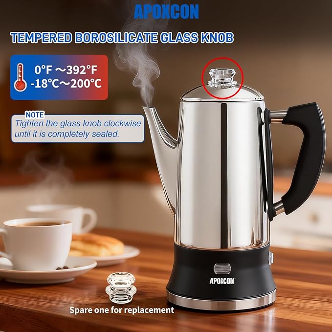 APOXCON Electric Coffee Percolator Stainless Steel Coffee Maker with Clear Brew Progress Tough Glass Knob and On/OFF Switch Classic Coffee Pot with Keep Warm & Cordless Serve No Aluminum (12 Cup)