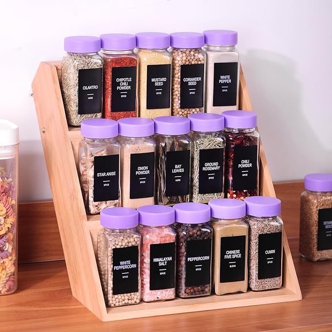48 Glass Spice Jars with Labels, Spice Jar Set, 4oz Spice Containers, Seasoning Containers with Purple Airtight Lids and Shaker Lids, Square Empty Spice Bottles, 492 Labels, 1 Funnel