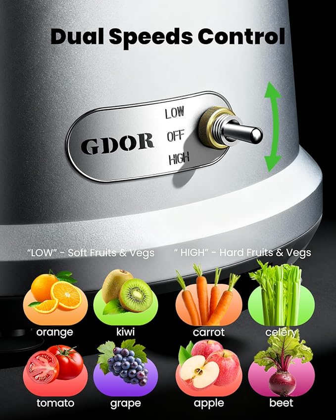 GDOR Powerful 1200W Juicer with Larger 3.2" Feed Chute, Titanium Enhanced Cutting System, Centrifugal Juice Extractor Maker with Heavy Duty Full Copper Motor, Dual Speeds, BPA-Free, Silver