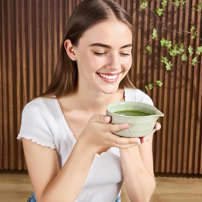7Pcs Matcha Whisk Set - Matcha Bowl with Spout, Bamboo Whisk (Chasen), Holder, Stainless Sifter, Tea Scoop, Tea Towel, Scoop Rest. Full Japanese Ceremony Matcha Kit, Perfect Gift for Tea Fans (Green)