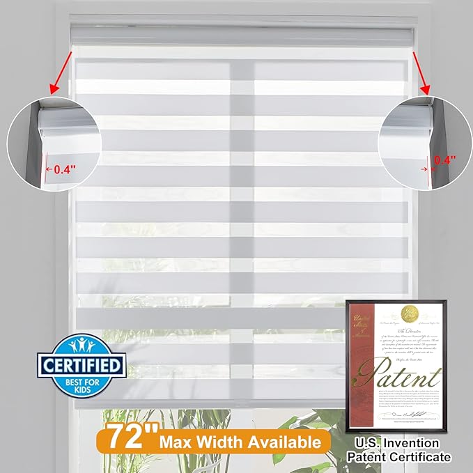 Persilux Cordless Zebra Blinds for Indoor Windows, Free-Stop Light Filtering Sheer Shades, Dual Layer for Day and Night, Roller Shades for Home (36.25" W X 47" H, White)
