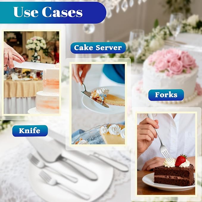 Eisinly Cake Cutting Set for Wedding, Elegant Cake Knife and Server Set with Stainless Steel Forks, Cake Cutter and Pie Spatula for Couples Wedding Registry, Engagements, Anniversary, 4 Pcs, Silver