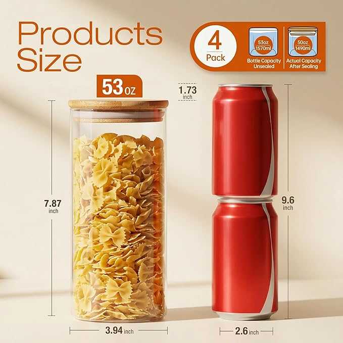 HomArtist Glass Jars with Bamboo Lids 53 FL OZ [Set of 4], Glass Canisters with Airtight Lids, Glass Food Storage Containers for Pasta, Oats, Coffee, Flour, Sugar, Rice, Best for Kitchen & Pantry