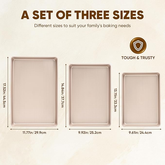 Sakerplus Nonstick Baking Sheet Pan Set of 3, Heavy Duty Cookie Sheets for Oven with Stripe Texture Pattern, 0.6mm Thick Quarter/Half/Jelly Roll Pans, Rust-Resistant & Easy Clean (Champagne Gold)