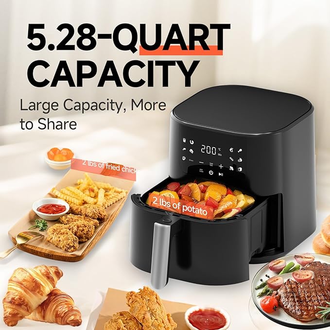 QIDO Air Fryer – 5 QT Compact Airfryer for Quick & Easy Meals in Minutes, 180°- 450°F Precision Heating, Touchscreen Controls with Auto Menus, Nonstick & Dishwasher Safe Basket - Black