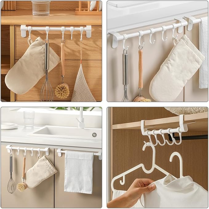 DOITOOL Cabinet Kitchen Utensil Hooks 5pcs Plastic Multi-Function Hanging Rack No Drill Installation White Storage Organizer for Cookware and Sundries
