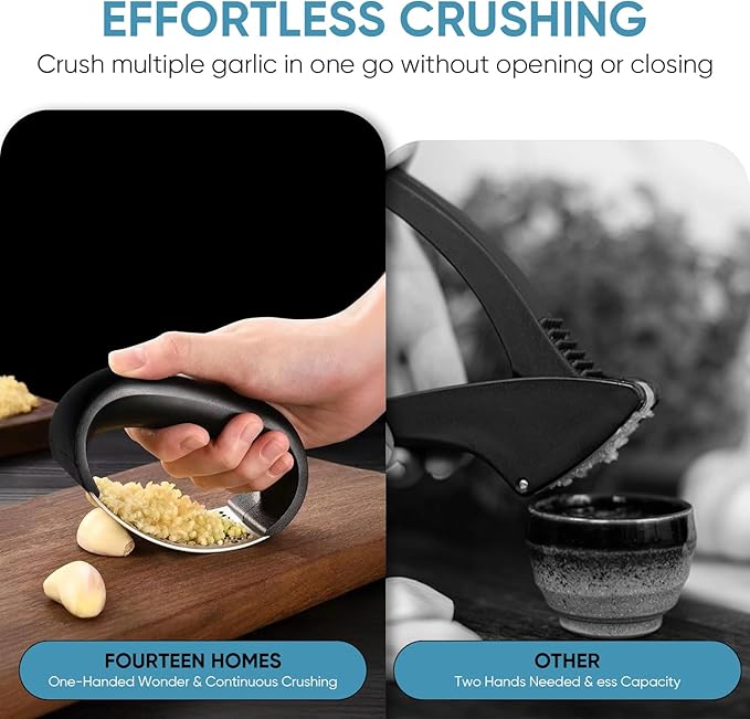 Fourteen Homes Steel Garlic Press - Premium Garlic Mincer Garlic Crusher - New Innovative Garlic Masher with Peeler - Rust Proof - Sturdy Grip (Black)
