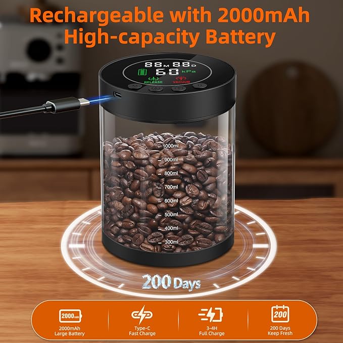 Electric Vacuum Coffee Canister, 1.3L Glass Airtight Food Storage Containers with Smart Pressure Sensor, Automatic Coffee Bean Container Rechargeable with LED Display Window for Kitchen Food Storage