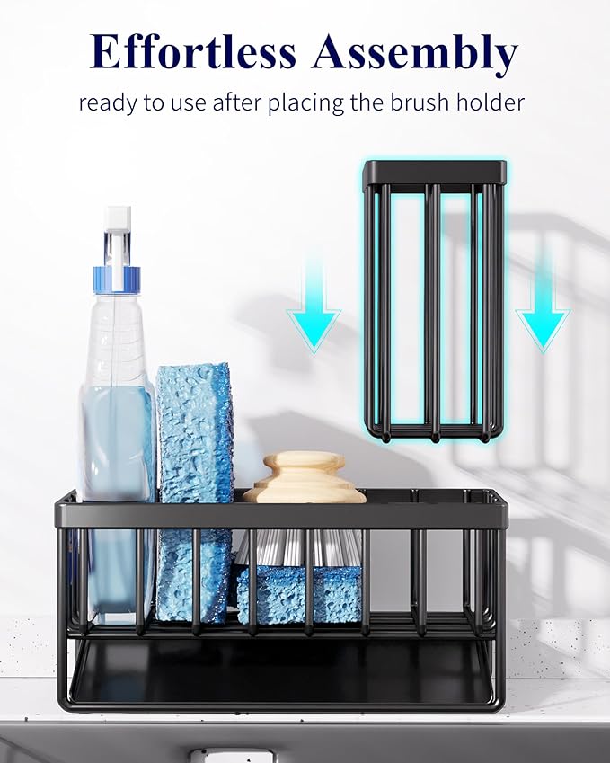 Kitsure Sponge Holder for Kitchen Sink - Rustproof Stainless Steel Sink Caddy Organization and Storage Essentials with High Brush Holder, Home Decor Accessories, 7.9" x 3.7" x 6.2", Black
