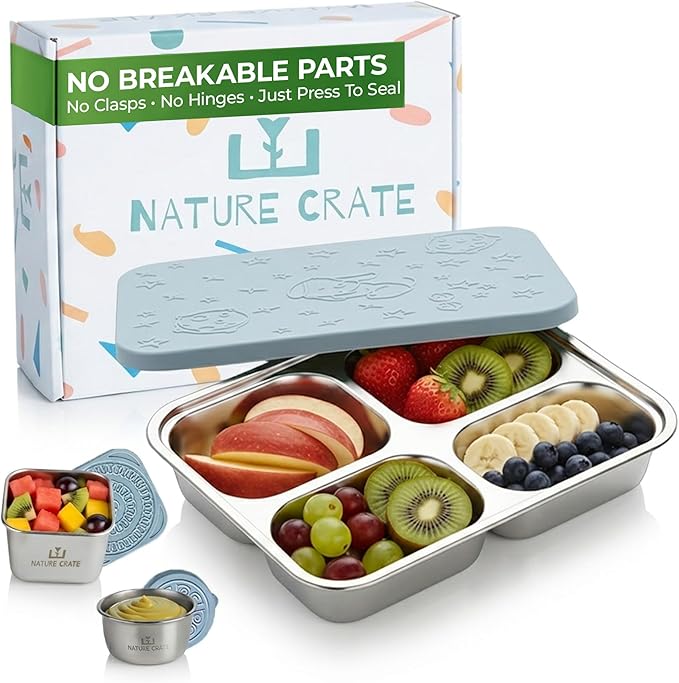 Stainless Steel Lunch Box for Kids 5 and Older – 3 Pieces Stainless Steel Bento Box with 4 Compartments & 2 Snack Containers – Leak Proof, BPA-Free, Eco-Friendly, Dishwasher Safe & Durable – Blue