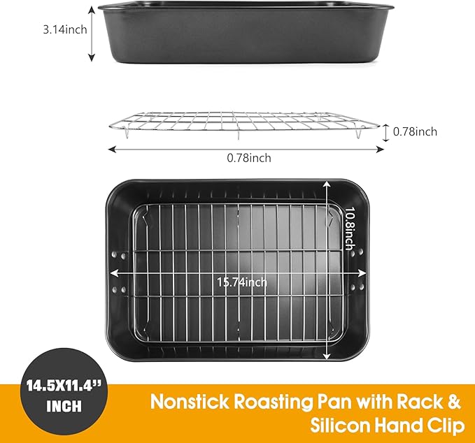 Roasting Pan with Rack, 15.75x11.02’’ Baking Pan for Oven with Rack & Silicon Hand Clip & Oilbrush, Heavy Duty Dishwasher Safe Rectangular Lasagna Pan with Handle for Turkey, Dark Grey