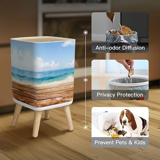 Small Trash Can with Lid Wooden table top blurred summer blue sea sky space for your display Wastebasket with Press Cover Dog Proof Garbage Can Waste Bin for Kitchen Bathroom Nursery 2.6 Gallon