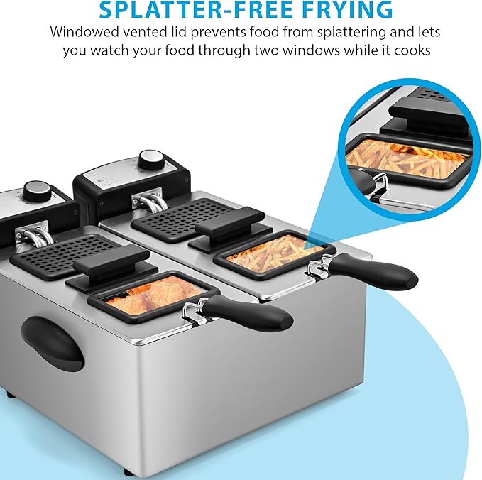 Pukomc Electric Double Deep Fryer with 2 Baskets & Lids, 3L Stainless Steel Removable Double Fryer,Temperature Control,Overheat Protection,3000W
