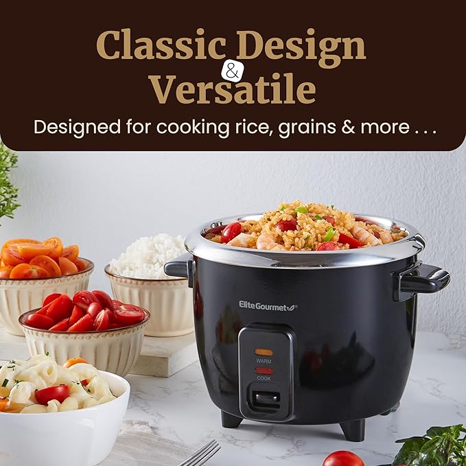 Elite Gourmet ERC006SS 6-Cup Electric Rice Cooker with Stainless Steel Inner Pot, Makes Soups, Stews, Porridges, Grains and Cereals, 6 cup (3 cups uncooked), Black