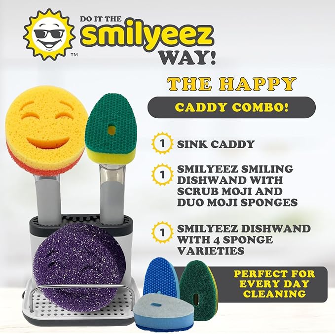 The Original Smiling Handle with Soap Dispensing for Scrub Daddy (Reg. TM) Sponge and Scrub Moji Sponges with Smilyeez Caddy, Dishwand, & 2 Scrub Mojis (White & Grey)