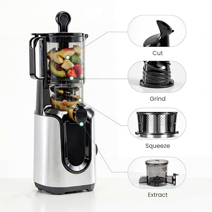 OLIXIS Cold Press Juicer, Masticating Juicer Machine with Reverse Function, Juice Extractor for Making Nut Milk, Easy Clean & Blade-Free, Silver