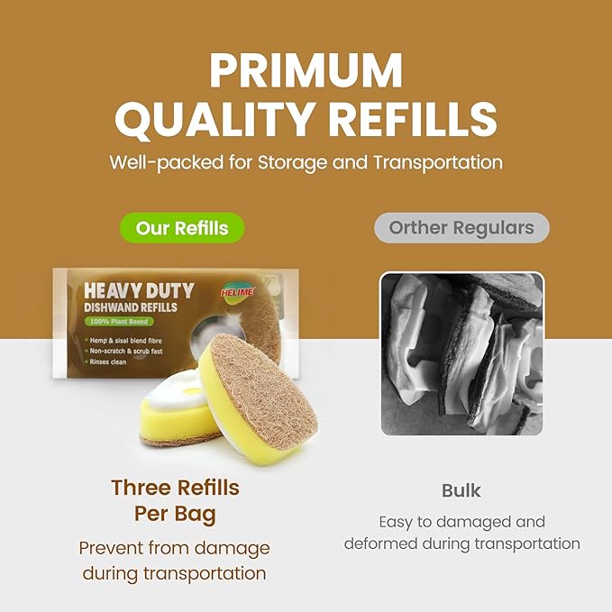 HELIME Natural Dishwand Refills Sponge, Non Scratch Dish Wand Sisal Hemp Replacement Brush Head,Heavy Duty Scrub Dots Brushes Soap Dispenser, Non Scratch Dispensing Scrubbers