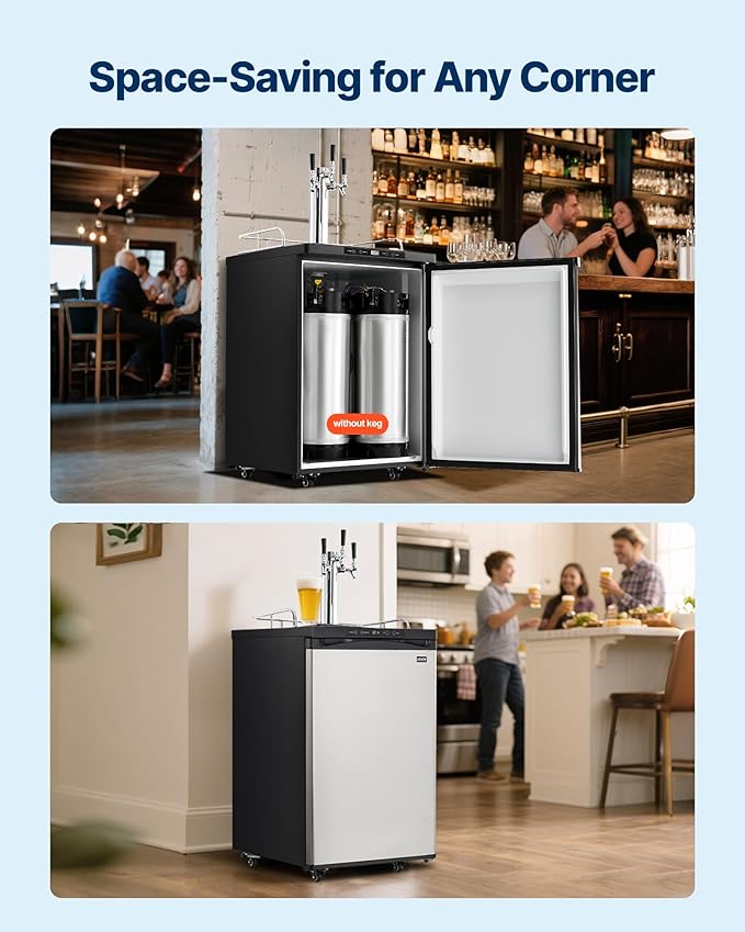 VEVOR Beer Kegerator, Triple Tap Commercial Draft Beer Dispenser for D system, Full Size Keg Refrigerator with 5lbs CO2 Tank, Hold 3 Sixth/2 Slim/3 Ball lock keg (3 taps - ball lock)