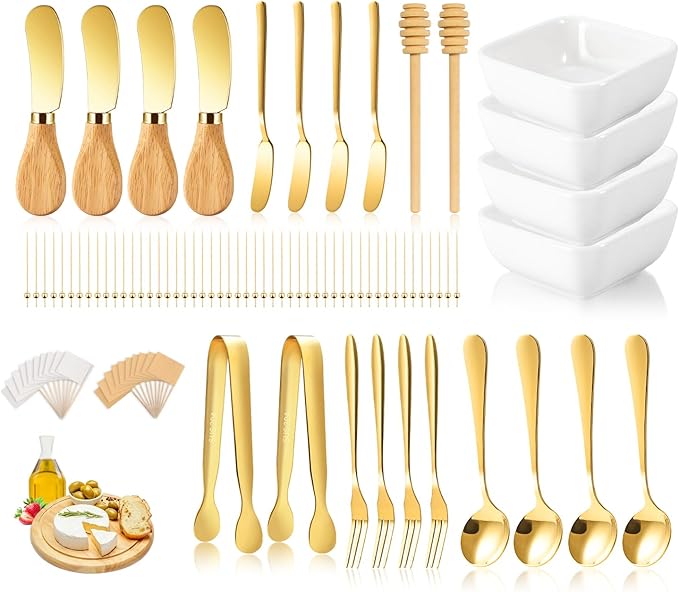 Charcuterie Board Accessories With 3 Oz Ceramic Dip Bowls, Wooden Handle Gold Cheese Spreader Butter Knive Set Kit, Mini Tongs, Spoons, Forks,Honey Dipper, Cocktail Picks