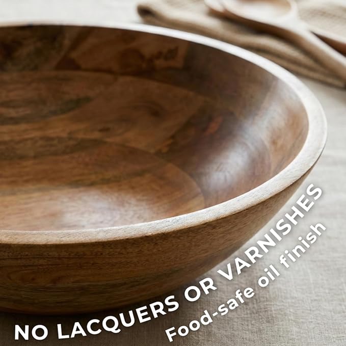 Extra Large Wooden Salad Bowl 15" with Serving Utensils - Large Wood Fruit Bowl - Oversized Mango Wood Salad Bowl for Big Family Meals , Bowl for Salad, Pasta, Popcorn - Handcrafted Wooden Salad Set