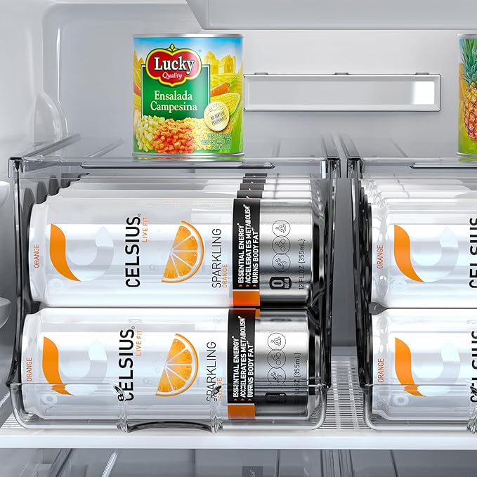 SCAVATA 4 Pack Skinny Can Organizer for Refrigerator, Stackable Tall Skinny Soda Pop Can Holder Dispenser with Lid for Fridge Pantry Rack Freezer, Clear Plastic Storage Bins-Holds 12 Slim Cans Each