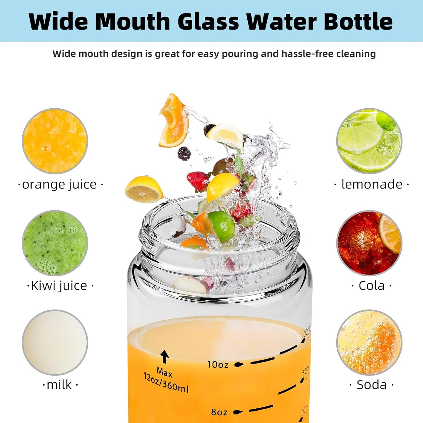 Glass Juice Bottles 4 Pack 10 oz - Wide Mouth Glass Water Bottles with Lids - Borosilicate,Stainless Steel Lids for Juicing, Smoothies, Infused Water, Beverage Storage, Leakproof, Reusable,BPA Free