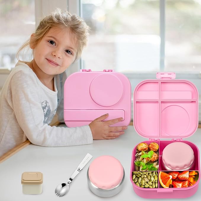 Bento Lunch Box for Kids with 12oz Soup Thermo,4 Compartments Lunch Box Containers Kids, Includes Foldable Spoon &Sauce Jar, BPA Free&Leak proof,Insulated Food Jar for Travel,School (Pink)