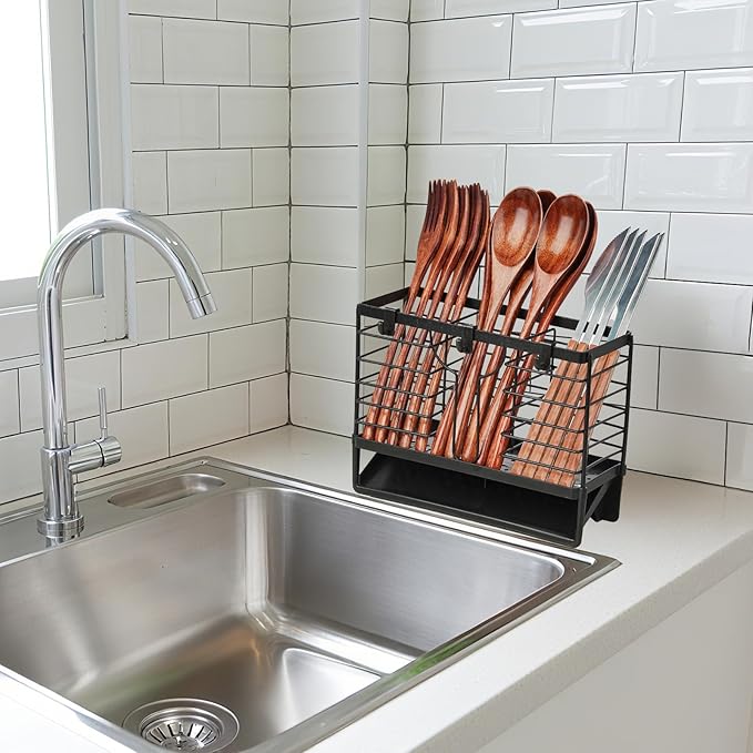 Utensil Holder, Stainless Steel Utensil Drying Rack with 3 Compartments and Automatic Drain Tray for Kitchen Counter, Silverware Cutlery Flatware Holder Forks, Knives, Spoons, Chopsticks Organizer