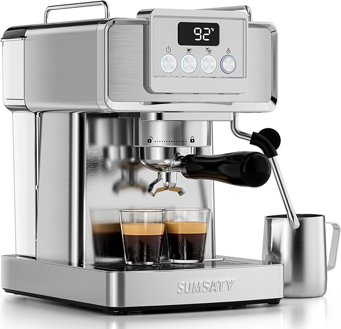 SUMSATY Espresso Machine 20 Bar, Stainless Steel Espresso Maker Professiona Coffee Maker with Power Steam & LED Display for Home Barista, Americano, Latte, Cappuccino Maker, 1.8L Water Tank