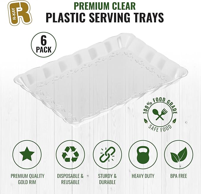 6 Pack Clear Plastic Serving Trays for Party, 9 x 13 Inch - Heavy Duty Plastic Trays for Food - Rectangular Party Serving Trays and Platters - Clear Disposable Trays