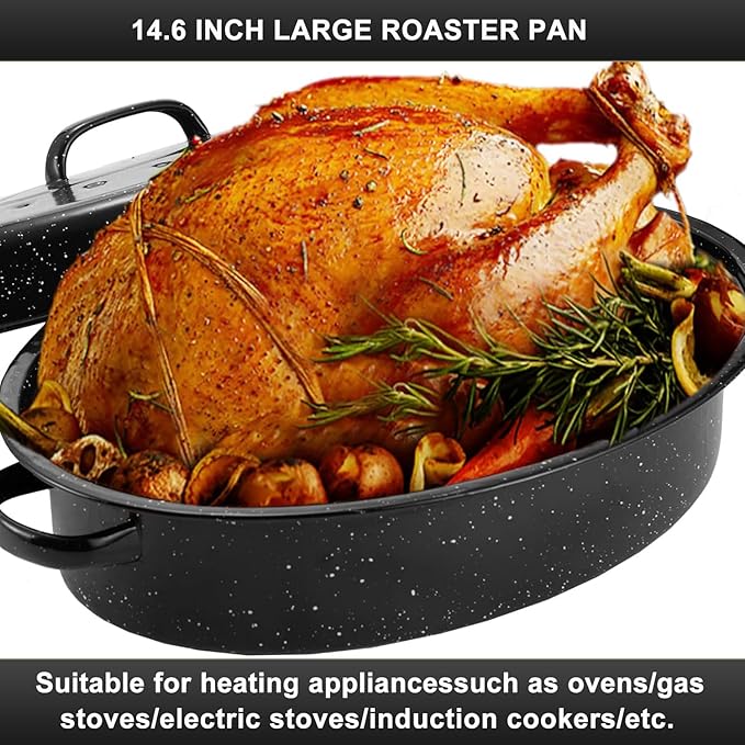 14.6 Inch Roaster Pan, Enamel Oval Turkey Roasting Pan with Domed Lid - Mother's Gift, Covered, Non-sticky, Free of Chemicals - Rôtissoire Chicken Meat Roasts Casseroles & Vegetables (14.6 Inch)