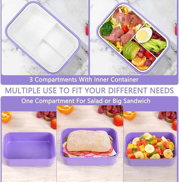 Bento Boxes for Adults - 1100 ML Bento Lunch Box Container For Kids With Spoon & Fork - Durable Perfect Size for On-the-Go Meal, BPA-Free and Food-Safe Materials(Purple)