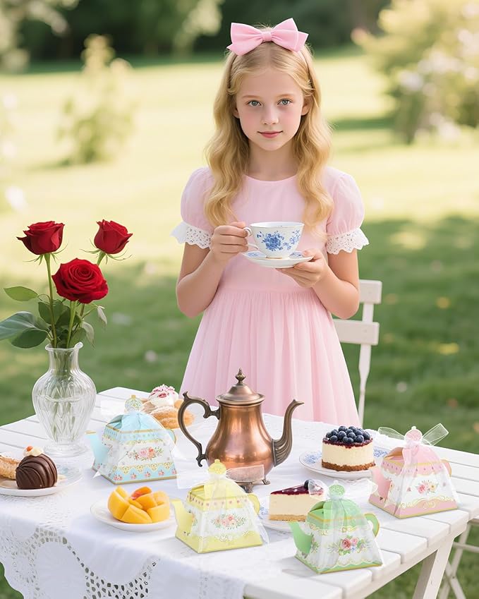 Liobelon 24 PCS Floral Tea Party Favor Gift Boxes Teapot Candy Boxes Vintage Flower Treat Boxes Mini Teapot Favor Boxes with Ribbon for Tea Garden Wedding Bridal Birthday Baby Shower Party Supplies