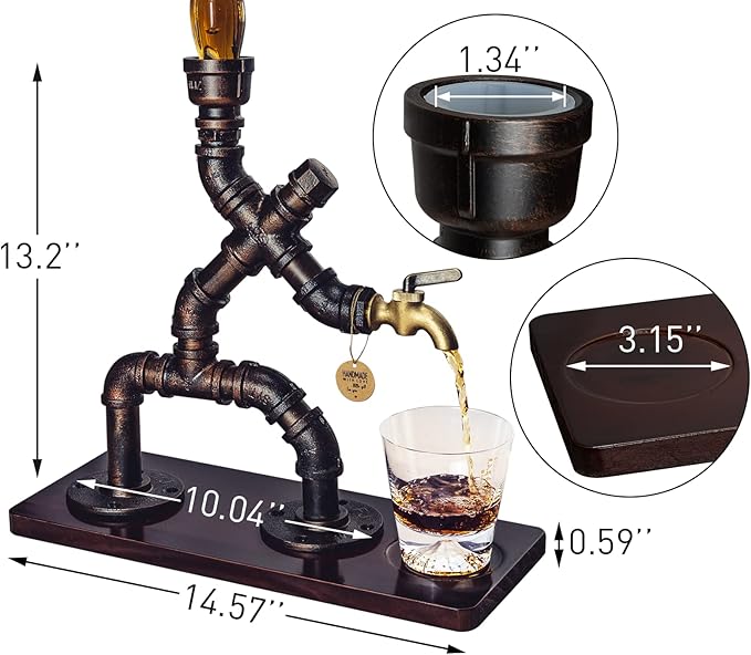 Handcrafted Liquor Dispenser- Steampunk Pipe Decor, Industrial Whiskey Holder, Rustic Style, Bar Accessories For Home Bar Art (1 Bottle) (Brown)