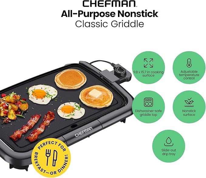 Chefman Electric Griddle with Removable Temperature Control, Immersible Flat Top Grill, Burger, Eggs, Pancake Griddle, Nonstick Easy Clean Cooking Surface, Slide Out Drip Tray, 10 x 16 Inch