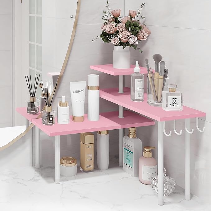 Homode 3-Tier Counter Organizer Shelf for Bathroom, Corner Shelf for Countertop, Over Sink, Make Up, Dresser Table, Desktop - Pink