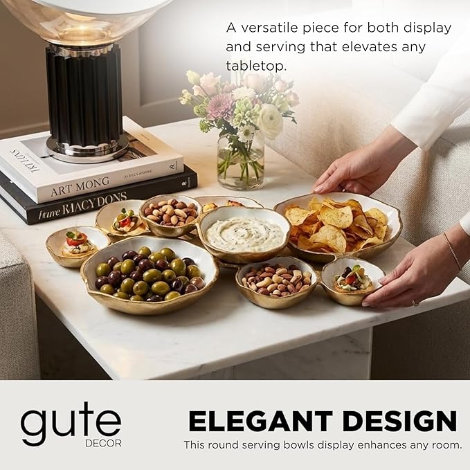 Cluster of 9 Round Serving Bowls Enamel Clusters Decorative Elegant Snack Tray for Olives, Chip & Dip, Nuts, Appetizers & Entertaining Strong Brass & Enamel Home Decor Gifts, Parties & Weddings 22"