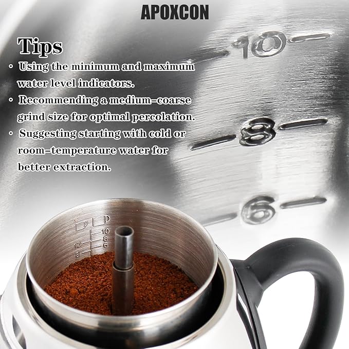 APOXCON Electric Coffee Percolator Stainless Steel Coffee Maker with Clear Brew Progress Knob and No-Drip Spout Auto Keep Warm & Cordless Serving Coffee pot with On/OFF Switch Fast Brew (10 Cup)