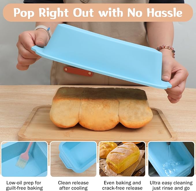1 pc Silicone Bread Loaf Pans for Homemade Bread with Metal Frame, 9.5 x 5 Inch Non Stick Silicon Banana Loaf Pan for Oven, Silicone Baking Mold for Brownies,Sandwiches (Mint Green)