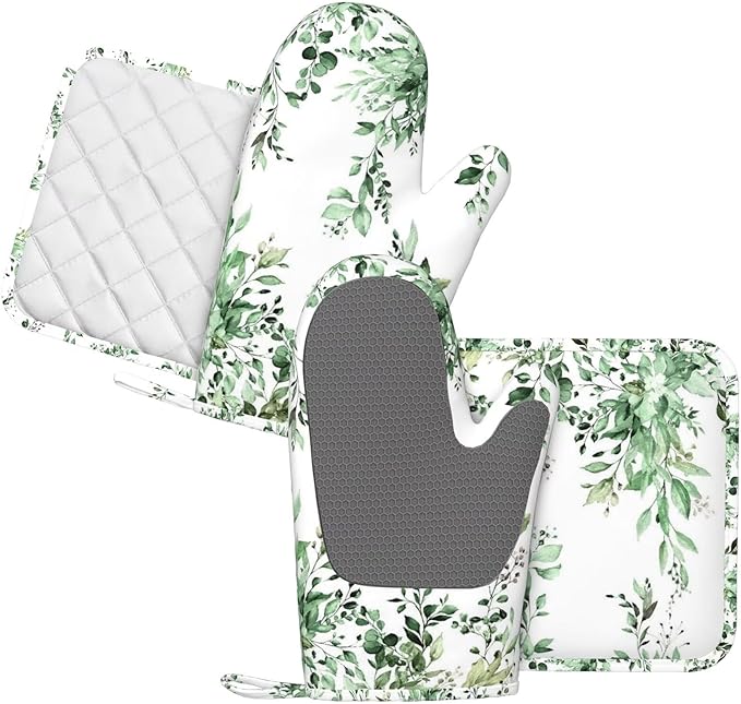 Olive Green Eucalyptus Oven Mitts and Pot Holders Set, 4pcs Silicone Watercolor Plant Leaves with Floral Oven Glove for Kitchen Heat Resistant Oven Mitts and Potholders Non-Slip for Cooking
