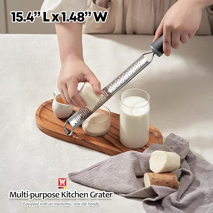 2-in-1 Stainless SteelLong Cheese Grater Dual-Sided Fine & Coarse Blades Precision Zester for Lemon, Ginger, Cheese, Vegetables, Rust-Resistant, Ergonomic Handle (15.35" x 1.77")